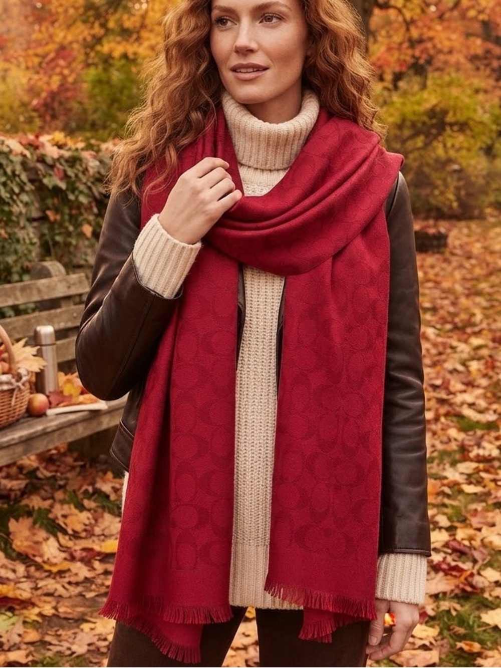 ✨🧣Coach Rich Red Signature Jacquard Logo Scarf Silk/Wool Blend EUC READ🧣✨